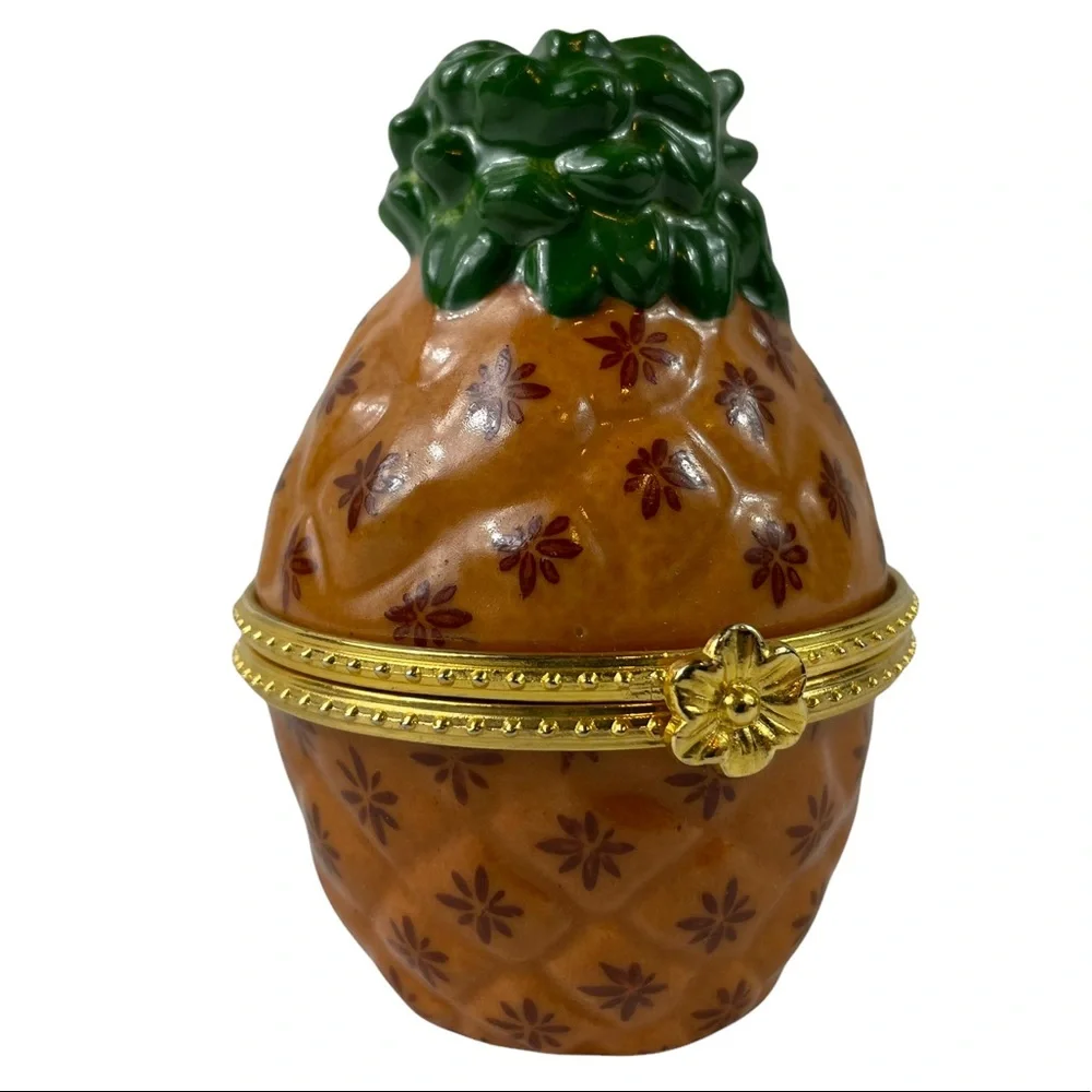 Vintage Limoges Unique Ceramic Pineapple Pill Ring Box Hand Painted Tropical VTG